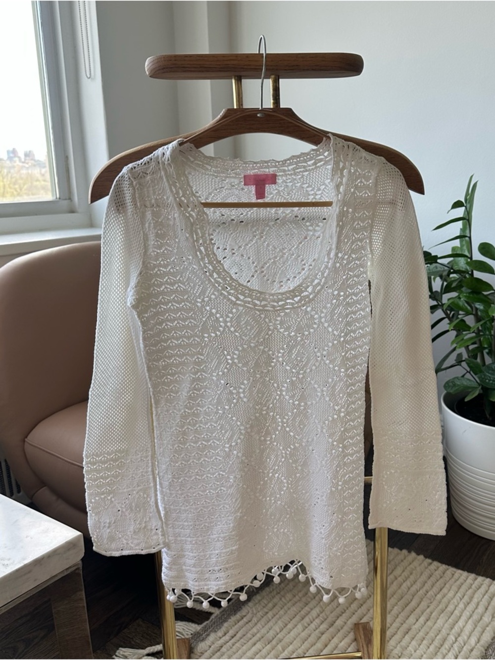 Women's White Crochet Knit Scoop Neck Top tunic